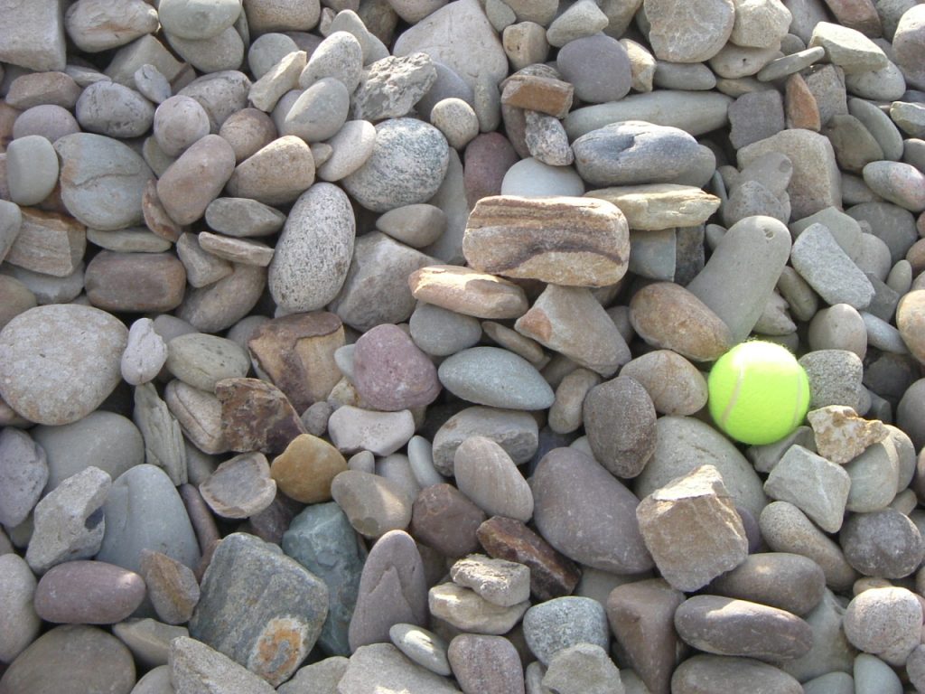 Light colored round river gravel with a yellow tennis ball for scale