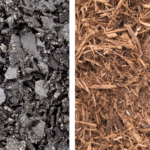 A picture showing rubber mulch and comparing it to wood mulch