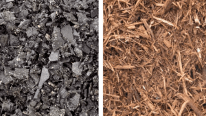 A picture showing rubber mulch and comparing it to wood mulch